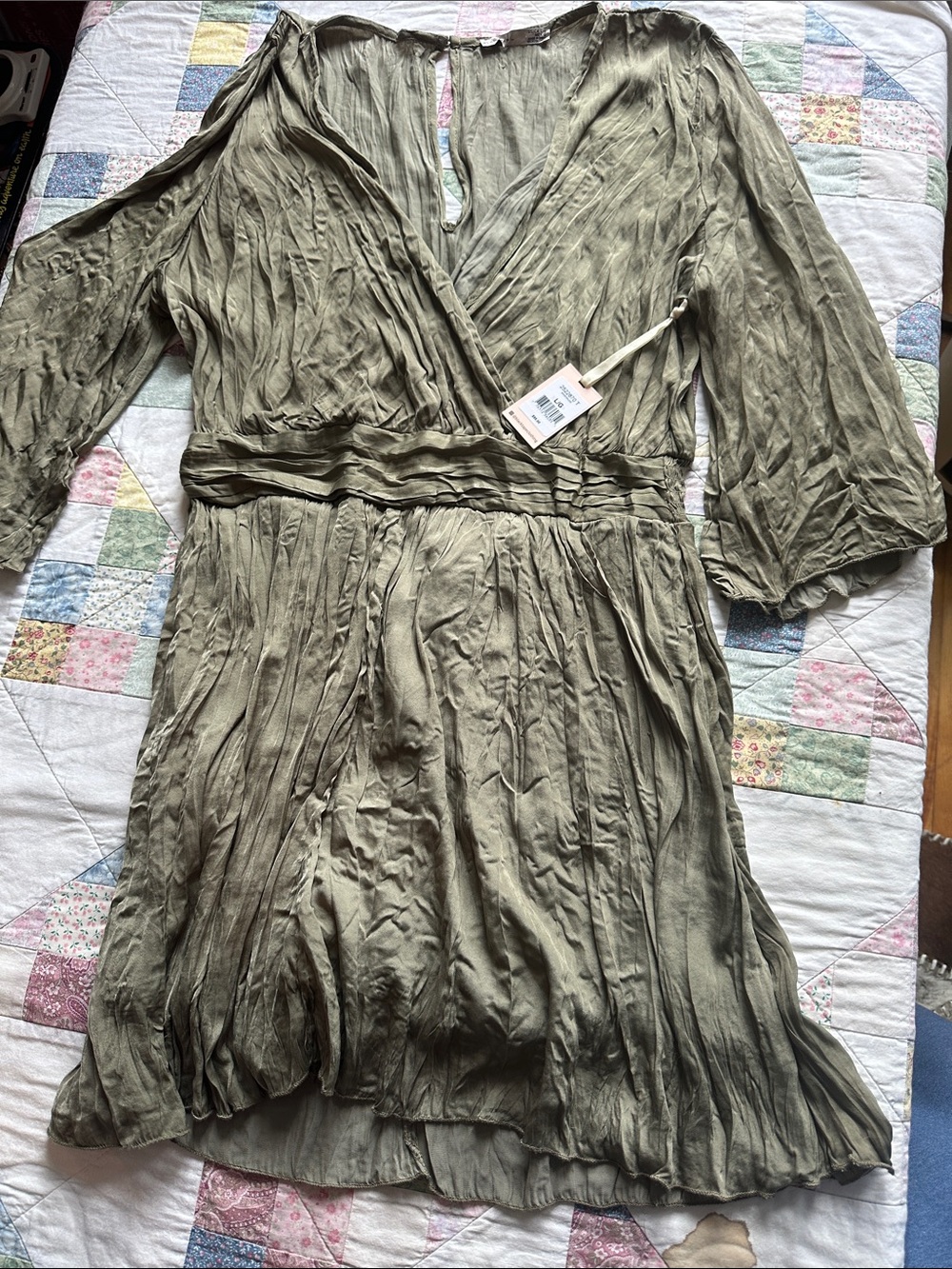 W—Black Tape_ Olive Crinkle Wrap Midi Dress